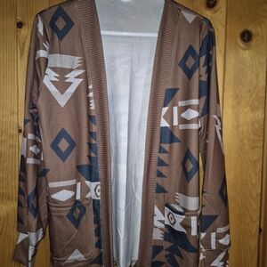 Geometric Patterned Brown and Blue Women's Sweater